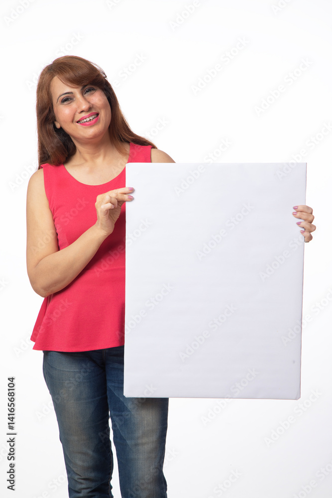 Portrait of happy woman holding white big sign board. Isolated on white background Portrait of happy woman holding white big sign board. Isolated on white background
