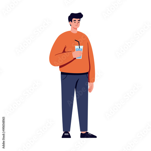 Young man wearing orange sweater holding drink cup with straw standing relaxed minimal flat vector illustration