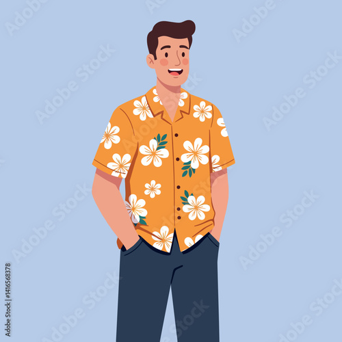 Young man wearing a bright orange floral Hawaiian shirt smiling with hands in pockets flat colorful vector art