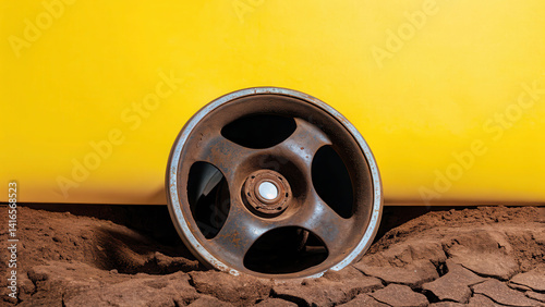 Abandoned car horn half-buried in dirt road rural landscape closeup shot symbolizing decay