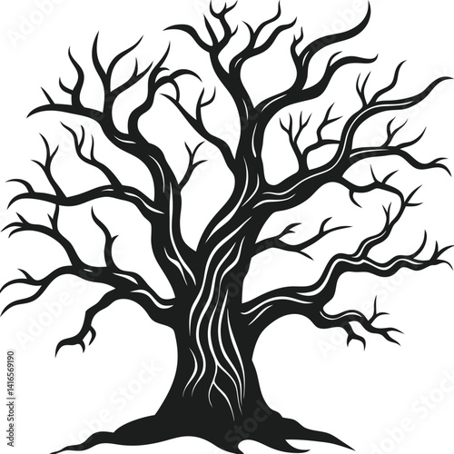Spooky Twisted Tree Silhouette Vector - Eerie Haunted Forest Tree