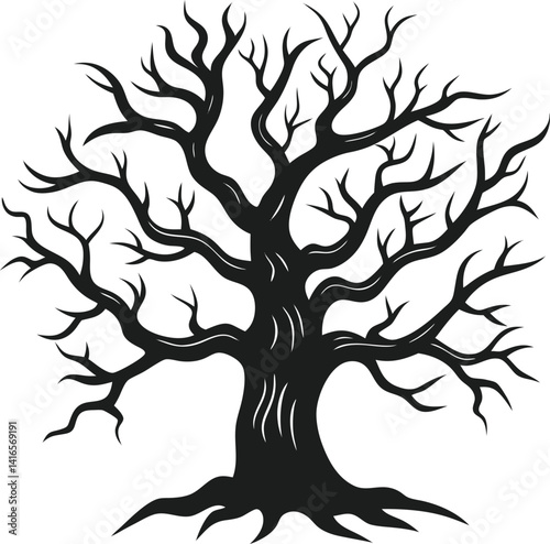 Spooky Twisted Tree Silhouette Vector - Gnarled Tree for Halloween Night