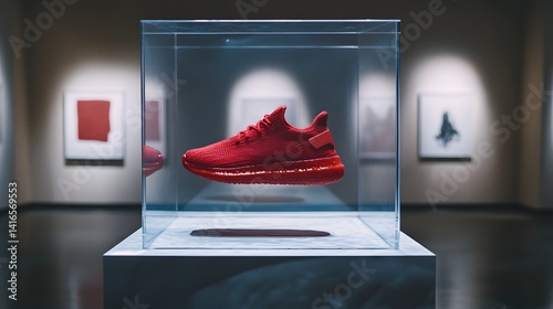 Red sneaker in acrylic display case, art gallery setting
