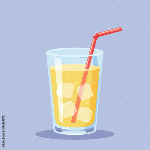 Transparent glass filled with yellow juice and ice cubes with red straw in flat design style vector illustration