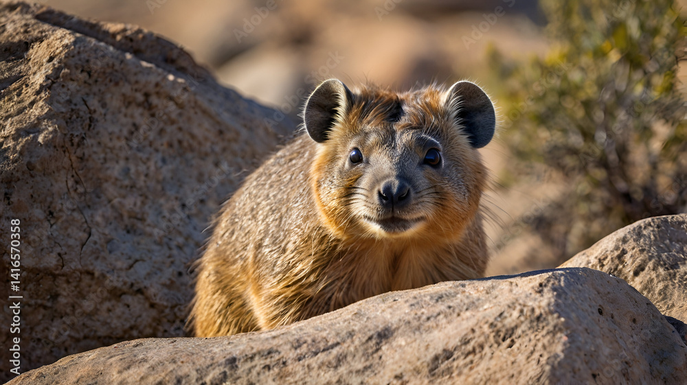 Naklejka premium rock hyrax A rock hyrax peeking its head out from between two large rocks