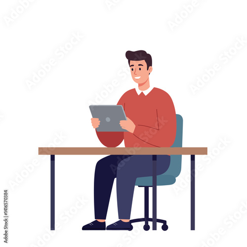 Young man sitting on office chair using tablet device at desk in modern flat design vector illustration