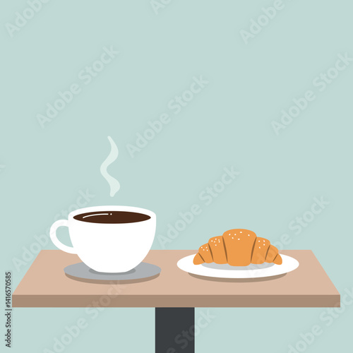 Steaming hot coffee cup with golden croissant on white plate flat minimalist breakfast vector art