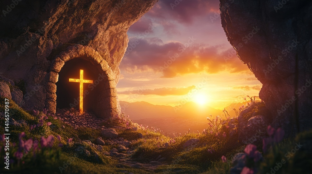 Fototapeta premium a breathtaking vista of a radiant cross illuminating a stone tomb against a stunning sunset backdrop symbolizing faith hope and spiritual renewal