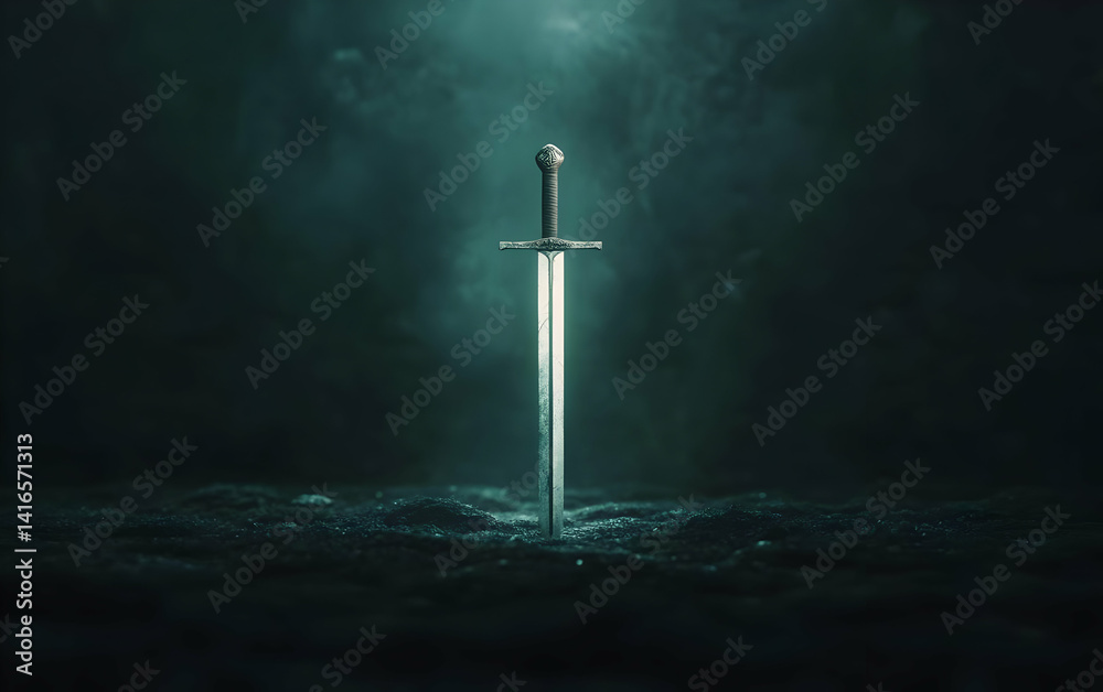 Naklejka premium A mystical sword emerges from water, symbolizing strength, valor, and timeless legends in a dramatic light.