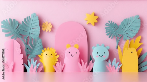 Delightful pastel paper craft scene whimsical creatures archway whimsical designs children's illustration cheerful background dreamlike atmosphere unique artwork