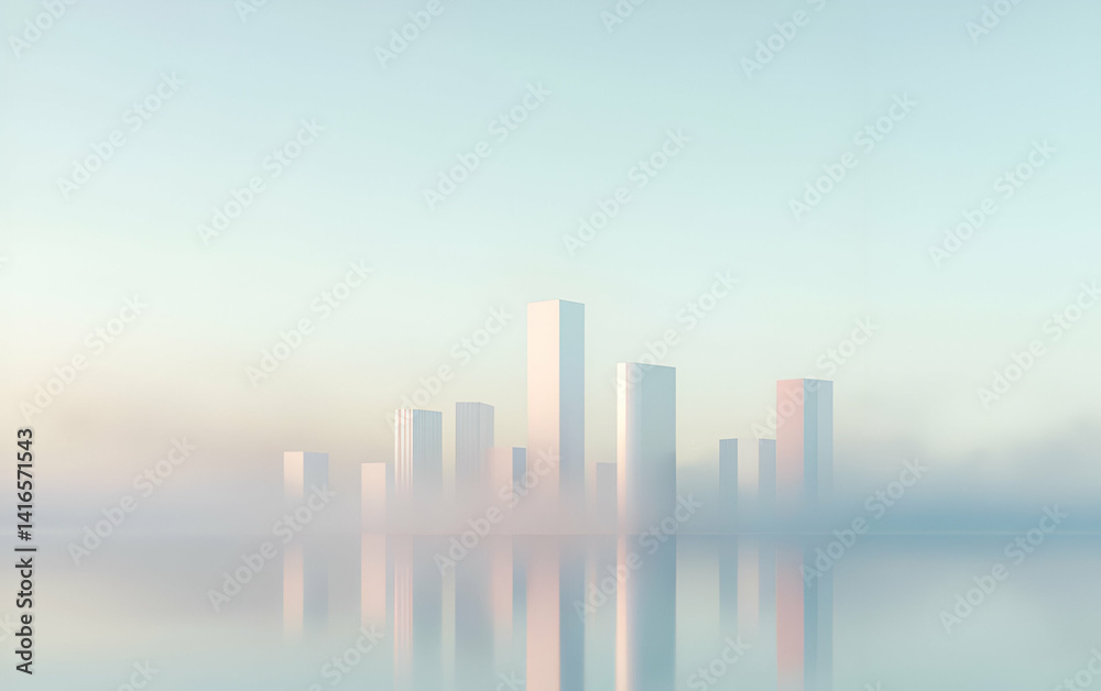 Fototapeta premium A serene city skyline emerges through morning fog, reflecting softly on calm waters, evoking tranquility and beauty.