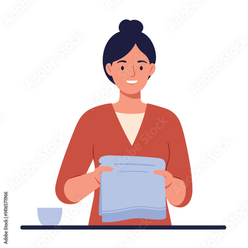 Woman with dark hair in bun holding folded towel standing at table flat minimal vector illustration