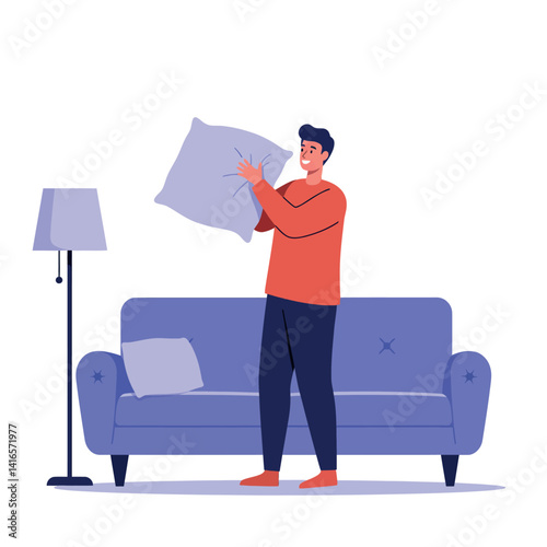 Young man adjusting pillow on blue sofa in modern living room flat design vector illustration