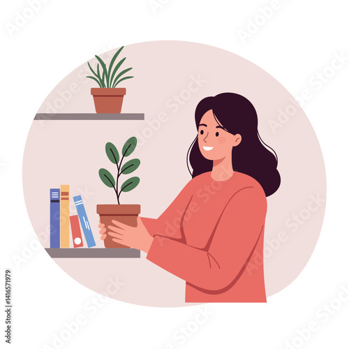 Woman holding potted plant with dark hair and orange sweater in simple flat design vector illustration