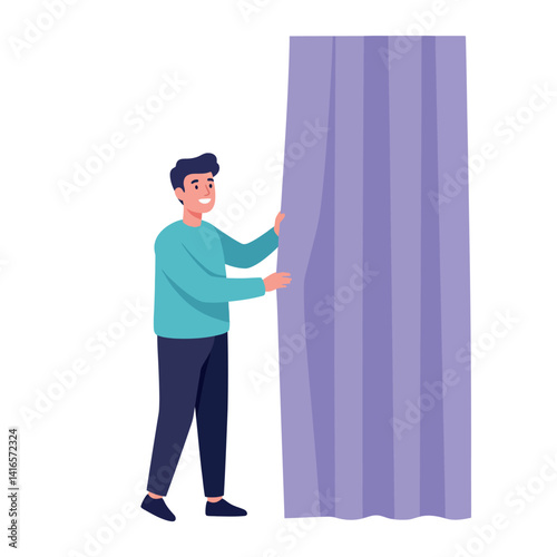 Young man in casual clothes opening purple curtain with smile flat design vector illustration