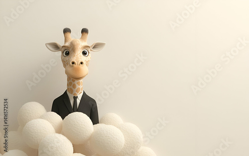 A whimsical giraffe in a suit surrounded by playful white balls, blending humor and creativity in a unique setting.