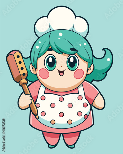 A cheerful cartoon character with teal hair styled in pigtails, wearing a chef's hat