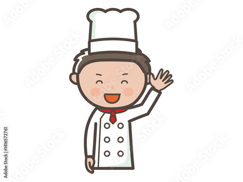 手を振って挨拶する若い男性コックさんの上半身イラスト