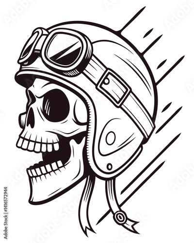 A vintage-style illustration of a skull wearing a pilot's helmet and goggles, grinning with an expression of excitement