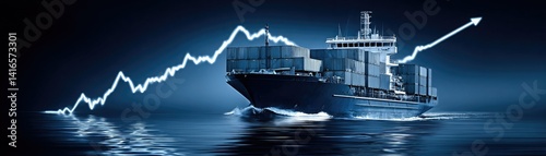 A container ship navigating calm waters, accompanied by a rising statistical graph, symbolizing growth in trade or shipping industry.