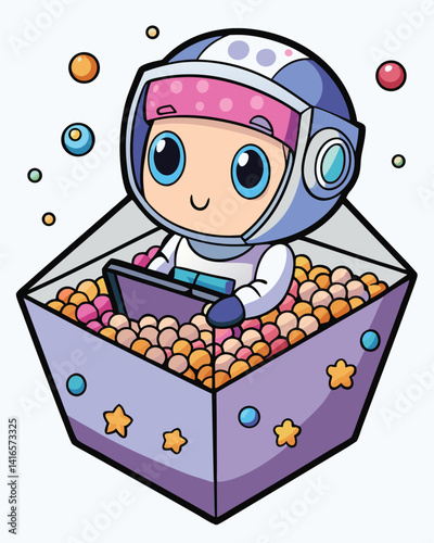 Cute child floating in a cereal box spaceship, wearing a fishbowl helmet filled with floating cereal pieces