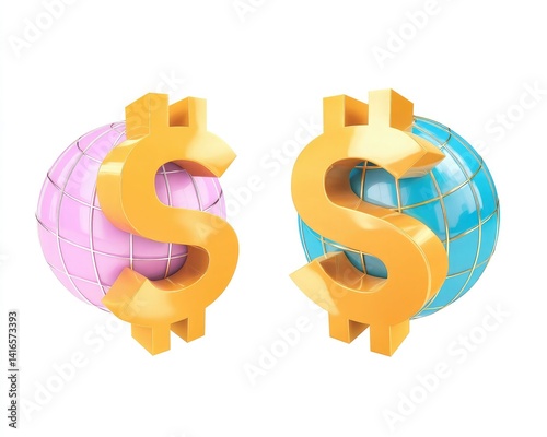 Two stylized globes with dollar signs, one pink and one blue, symbolize global finance and currency exchange. photo