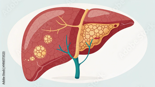 Stylized illustration of human liver with cysts and bile duct details.

