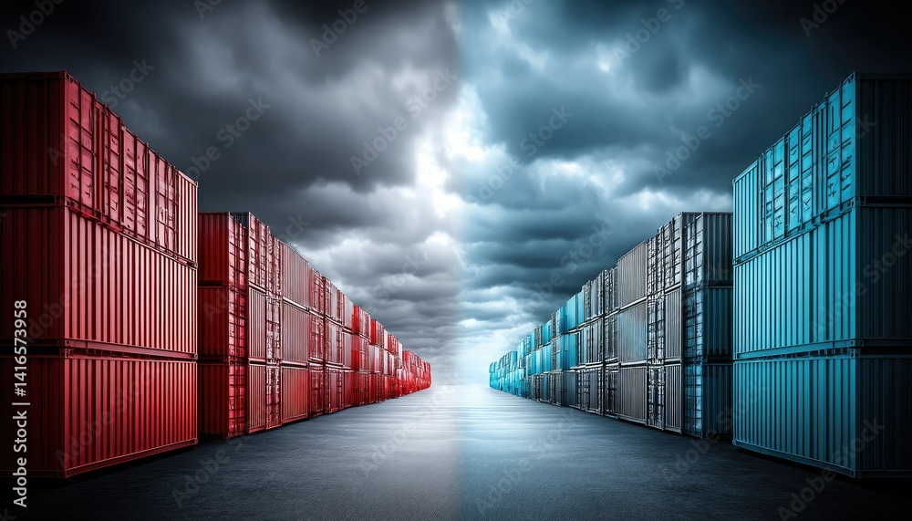 Fototapeta premium A striking image of colorful shipping containers lined up under a dramatic sky, creating a vivid contrast between red and blue.