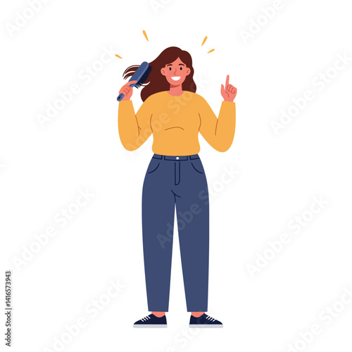 Young woman with hairbrush in hand smiling confidently wearing casual yellow top and blue pants flat design vector illustration