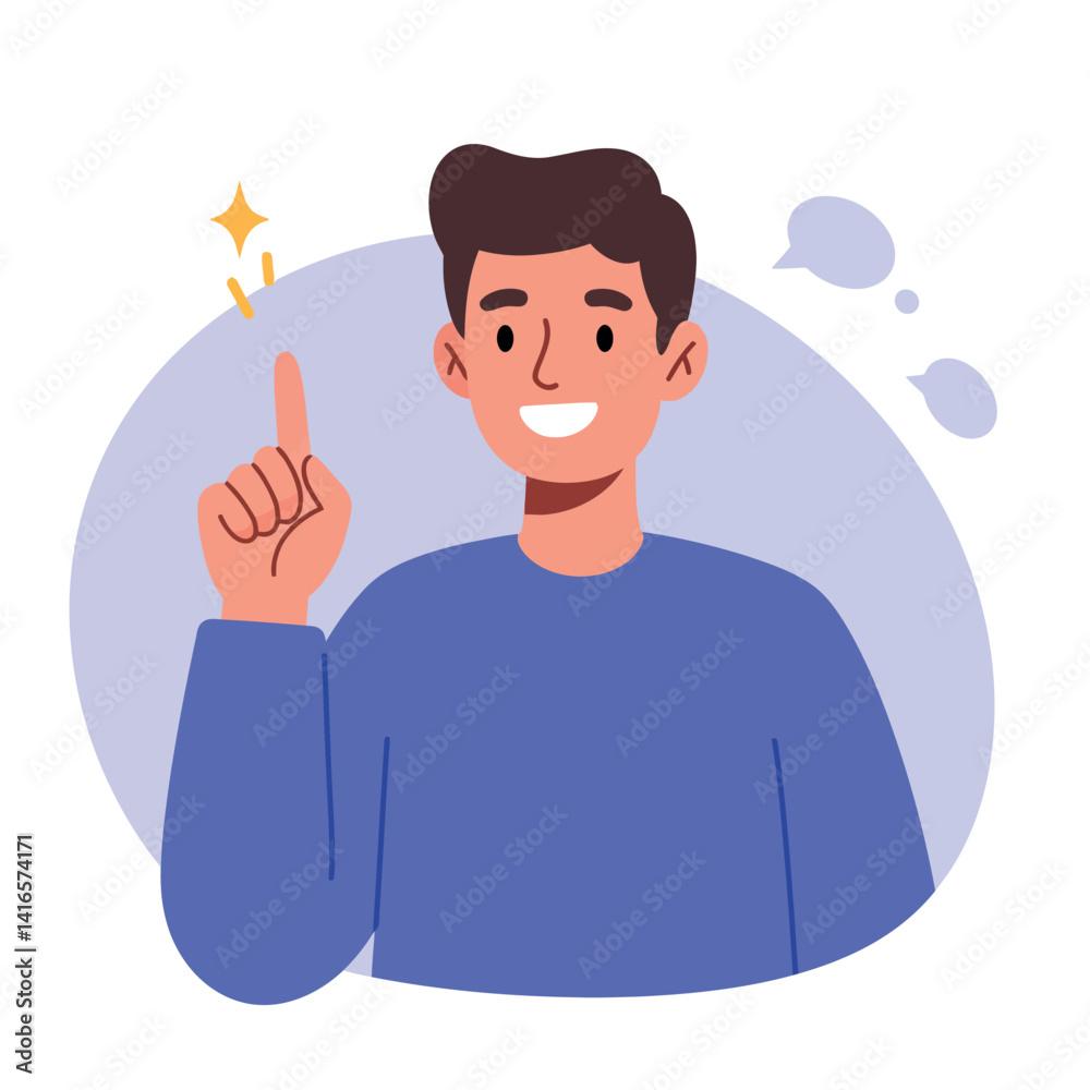 Young man with raised index finger and smiling face in flat design style bright idea vector illustration Young man with raised index finger and smiling face in flat design style bright idea vector illustration