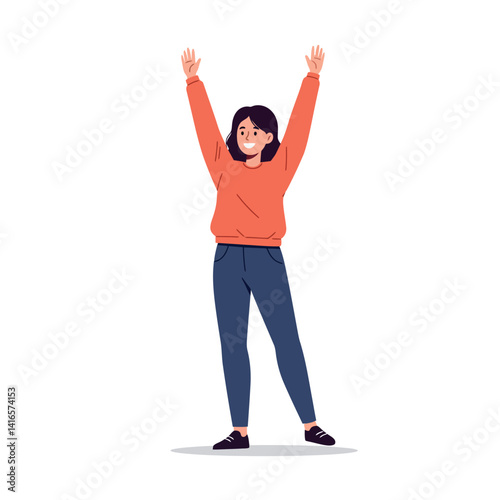 Young woman in casual orange sweater and blue jeans raising arms joyfully in flat modern vector illustration