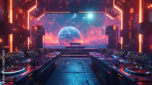 Fototapeta Naklejka Na Ścianę i Meble -  Mood board for a space festival with a dj performing. Invitation to a music concert or music show. Shuttle and alien station in a galaxy with planets.