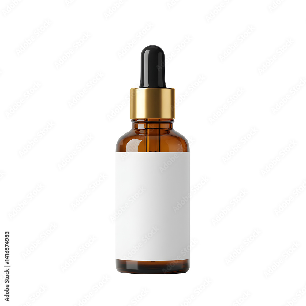 Amber Glass Dropper Bottle with Blank White Label on Transparent Background