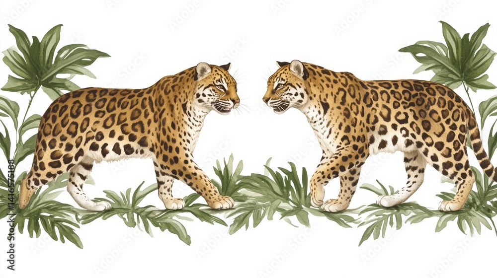 Naklejka premium Vibrant leopard pair mirroring each other amid lush tropical foliage creating an eye-catching and dynamic patterned vector design element perfect for various applications