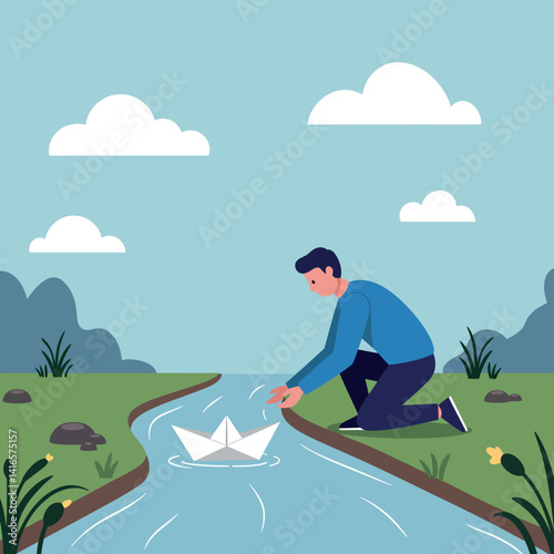 Young man in blue sweater kneeling by riverbank launching paper boat in calm natural setting flat vector illustration