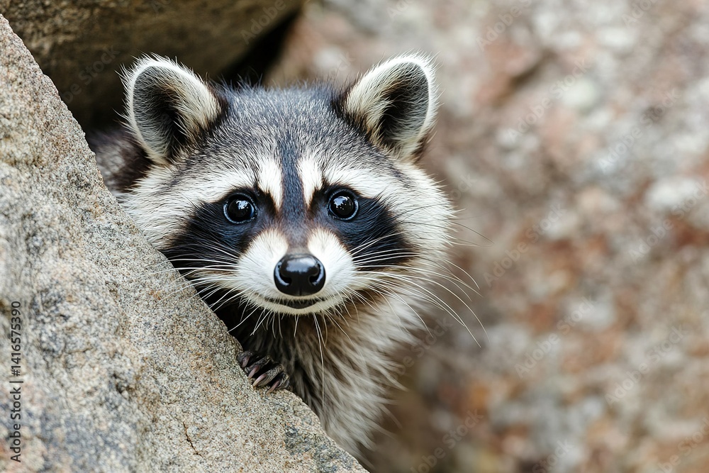 A curious raccoon peeking out from behind a rock, its striped tail twitching in excitement A curious raccoon peeking out from behind a rock, its striped tail twitching in excitement