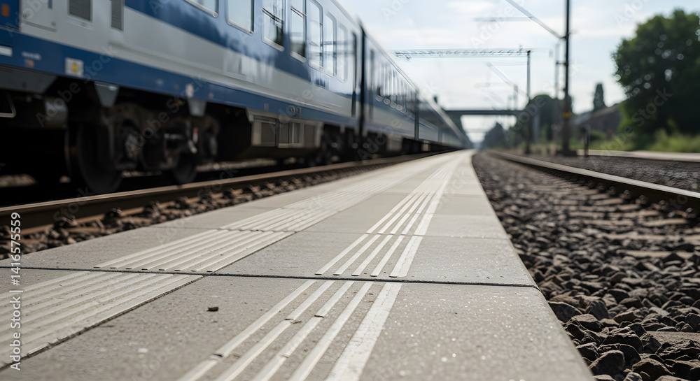 Fototapeta premium Perspective View of a Blue and White Train on Tracks at a Station Platform on a Sunny Day