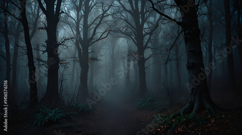 dark misty forest backdrop enchanted woods gloomy foggy grove mystery halloween background,generative.ai

