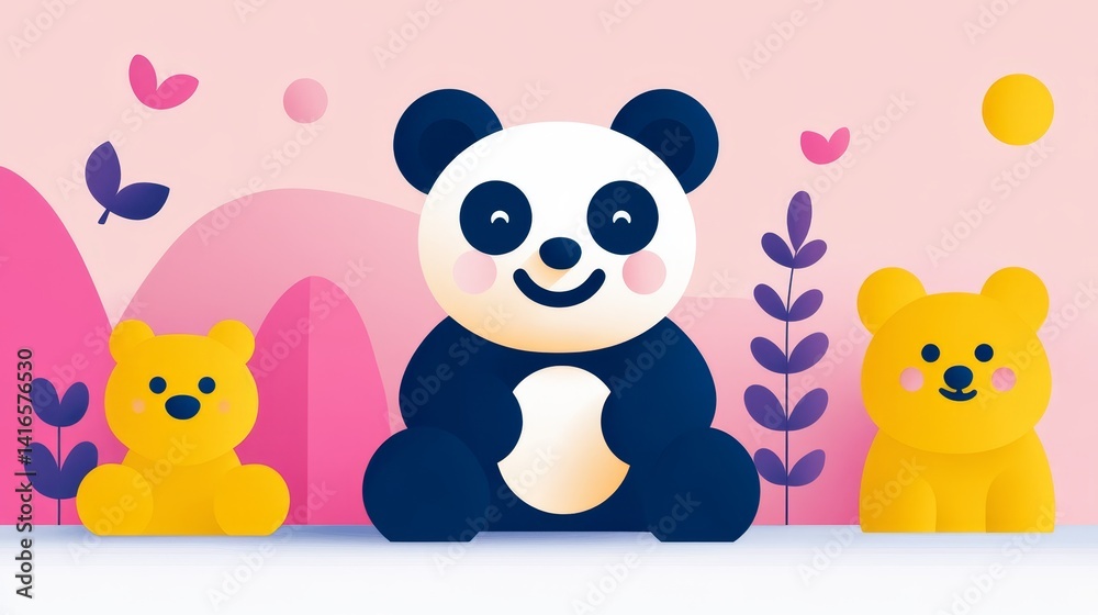 Adorable pixelated bears illustration, with a cute panda and two yellow bears, set against a playful pastel pink background with nature themed decorations Adorable pixelated bears illustration, with a cute panda and two yellow bears, set against a playful pastel pink background with nature themed decorations