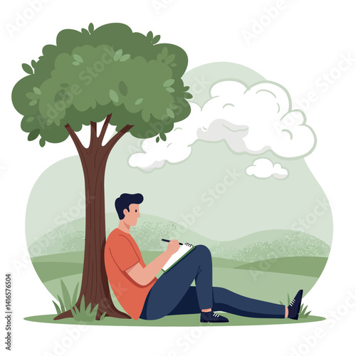 Young man sitting under leafy tree drawing in sketchbook outdoor flat design vector illustration