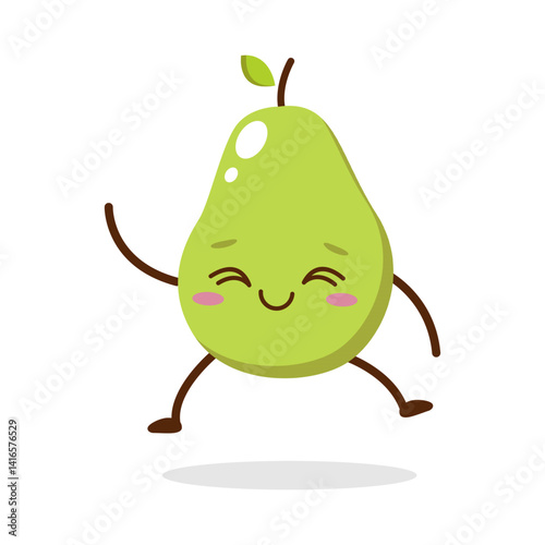 Cute green avocado cartoon character with winking eye, showing a Excited pose. Perfect for kids illustrations, healthy food designs, or educational materials. Isolated on white background with soft sh