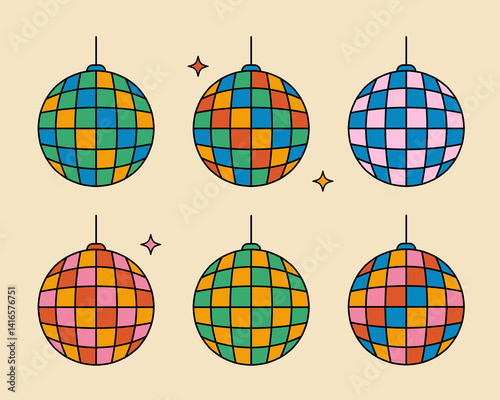 Retro disco ball icon collection. Sparkling mirror sphere set in flat style