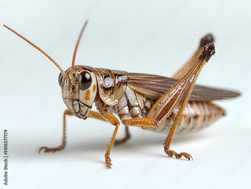 Isolated green insect, a grasshopper or locust, is seen in macro closeup against a white background Isolated green insect, a grasshopper or locust, is seen in macro closeup against a white background