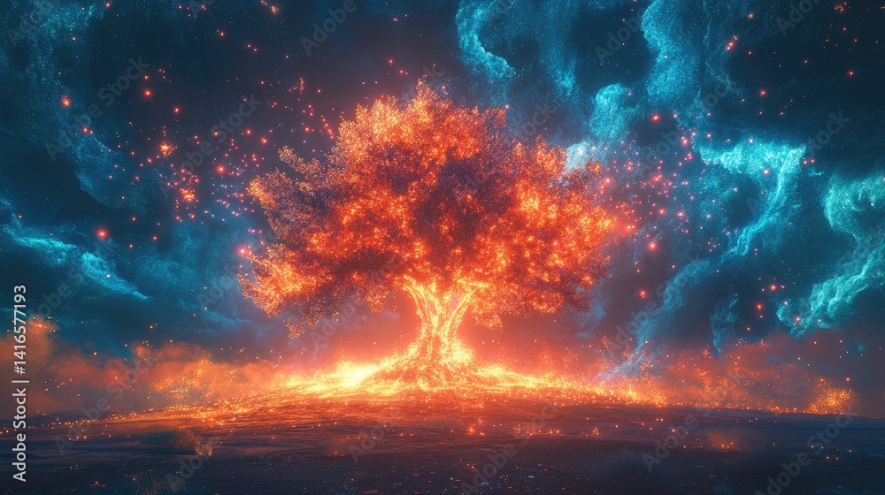 Fototapeta premium Ethereal tree of light illuminating a cosmic landscape with nebula skies