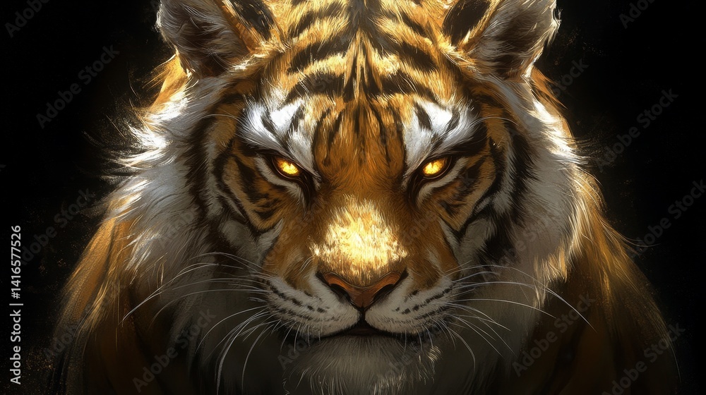 Naklejka premium Striking portrait of a majestic tiger with intensely glowing eyes against a dark canvas creating a captivating and dramatic wildlife scene for viewers