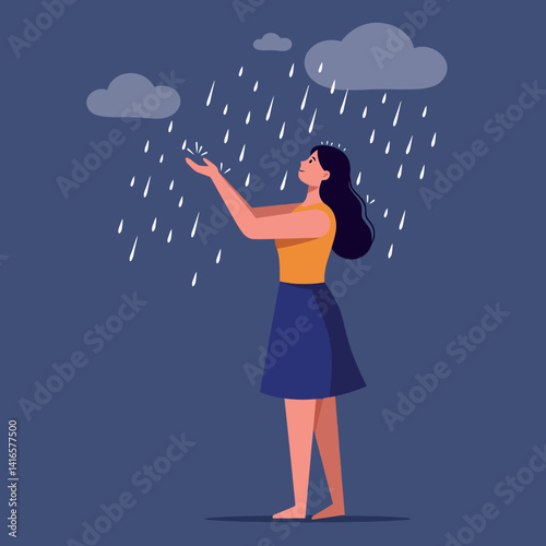 Woman in sleeveless top and skirt enjoying light rain with closed eyes under clouds flat design vector illustration