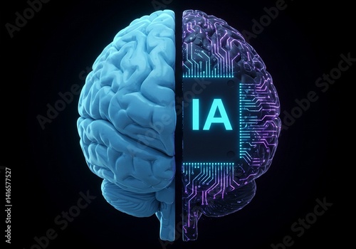 The concept of artificial intelligence is visually represented by a stylized brain bisected into a biological half and a circuit board half with illuminated 