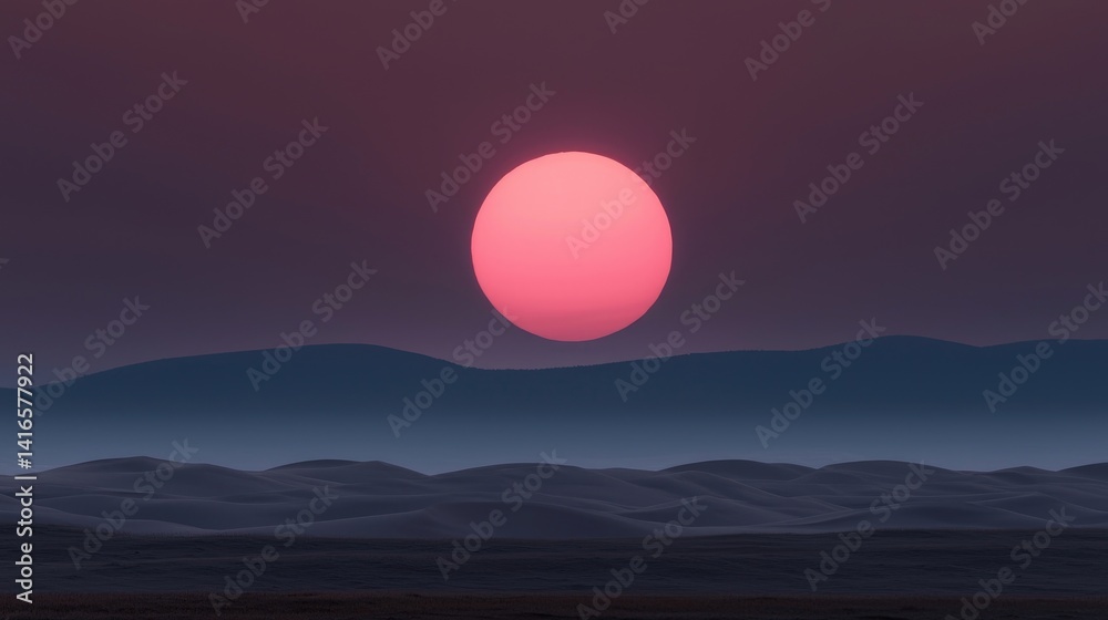 Fototapeta premium Dramatic sunset over vast sand dunes. A vibrant, pink sun sets behind a range of dark, hazy mountains, casting a cool twilight over the desert dunes