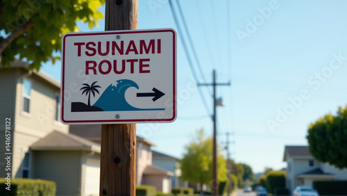 Tsunami Evacuation Route Sign Mounted High on Utility Pole in Residential Neighborhood