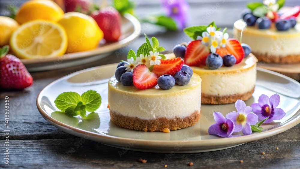 Bite-sized dessert on a plate with fresh fruit and a sprinkle of edible flowers Bite-sized dessert on a plate with fresh fruit and a sprinkle of edible flowers